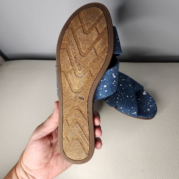 Vince Camuto Esulla Cross Band Slides Splatter Denim Blue NWT Size 7.5 White - Picture 3 of 4